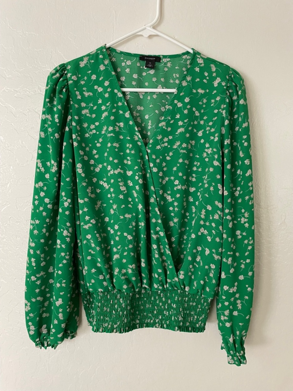 Halogen Green Floral Wrap-Style Blouse